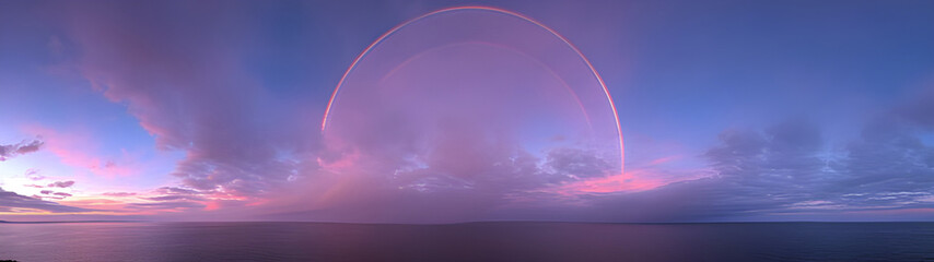 Panoramic view of a pastel colored rainbow over the ocean at sunset.