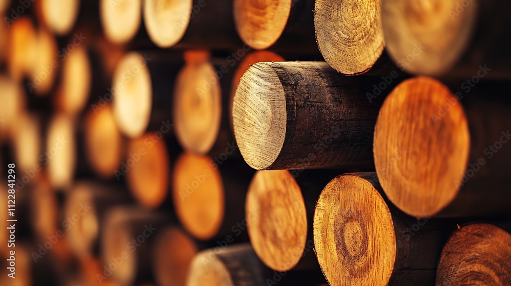 Aufkleber stack of wooden logs with distinctive growth rings in warm textured lighting : generative ai