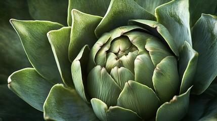 Fototapeta premium Fresh green artichokes thrive in the garden and are bathed in soft outdoor light. Close-up
