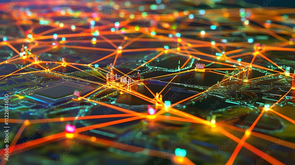 Poster a computer generated image of a city with many lines and dots. the image is bright and colorful, giv