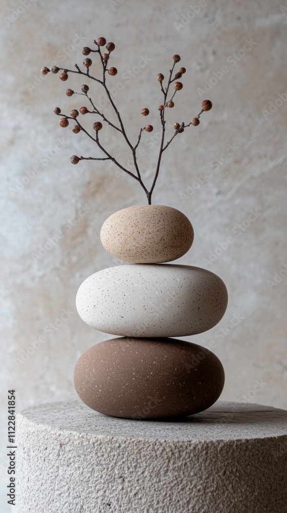 Poster stacked stones in varying mocha shades create a serene focal point, topped with delicate branches, s