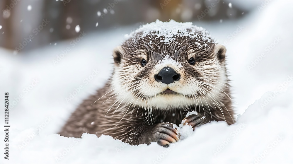 Poster adorable otter playfully immersed in a serene snowy environment : generative ai