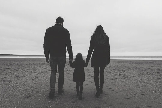 Family Walking on Beach, Black and White Photograph