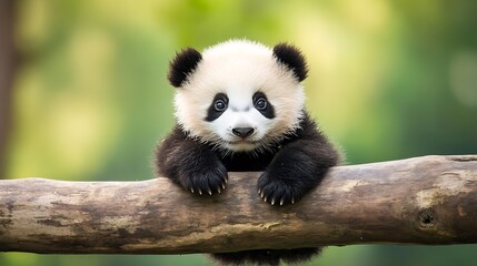 Obraz premium Cute Baby Panda Balancing on Tree Log in Sunlit Forest Environment : Generative AI