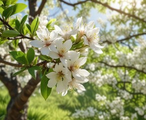 Obraz premium Delicate white almond tree flowers with intricate details and veins against a soft green leafy background with sunlight filtering through the leaves, leaf, branch, foliage