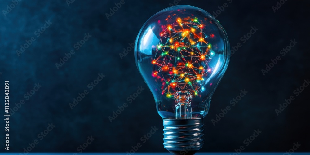 Poster bright idea concept with light bulb displaying colorful network connections and creative energy illu