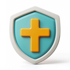 Obraz premium 3D Cartoon-Style Medical Cross Shield Icon on Minimal Isolated White Background