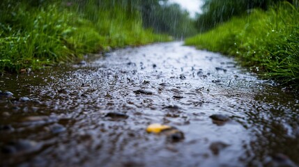 Fototapeta premium RainFilled Rocky Pathway Leading Through Green Forest : Generative AI