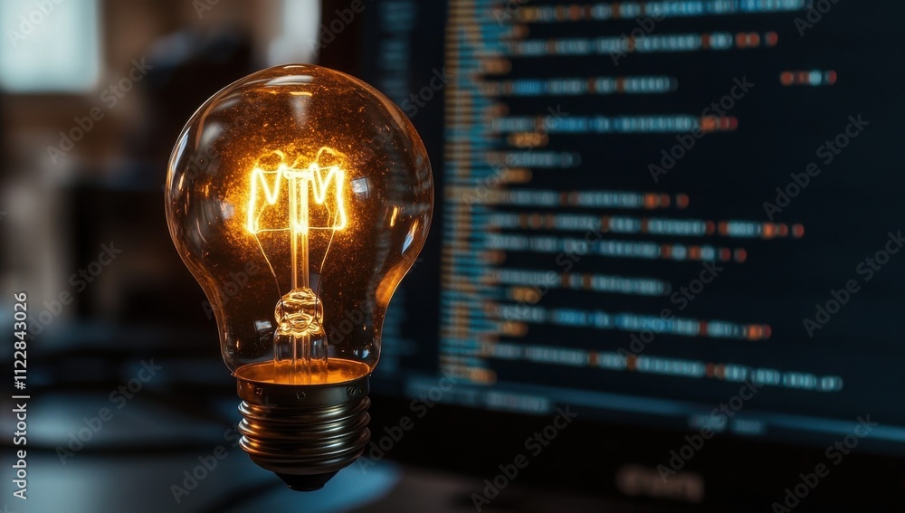 Poster bright light bulb glowing with warm glow and reflecting on digital screen with code in background, s