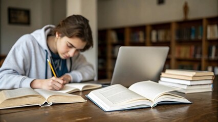 A student sitting at a wooden table surrounded by open books and a laptop