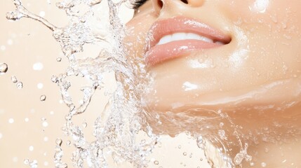 Fototapeta premium Close-up of a woman's fresh, glowing skin as water splashes across her face, representing hydration and beauty care.