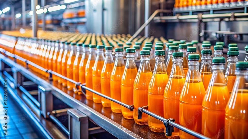 Poster close-up silhouette photography of precision in production with orange fruit juice bottles on bottli