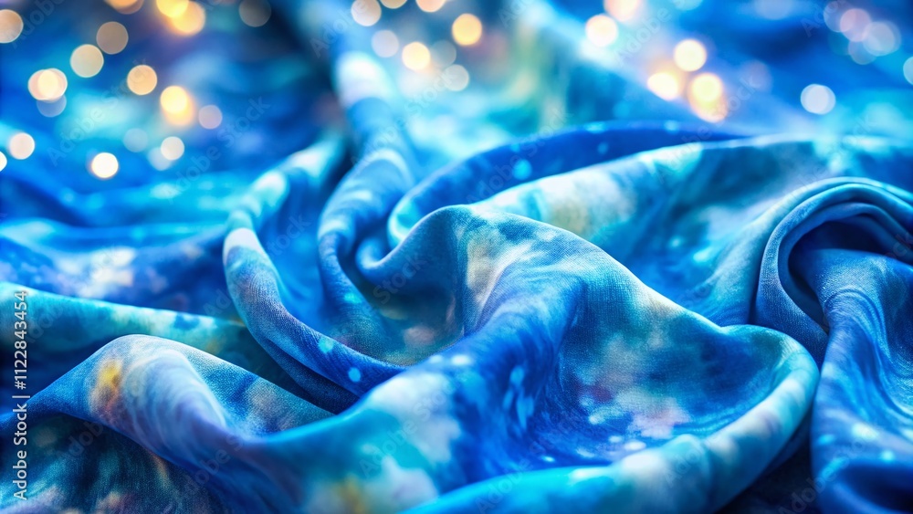 Poster close-up tie dye clouds fabric texture in blue with bokeh effect for unique backgrounds and textiles