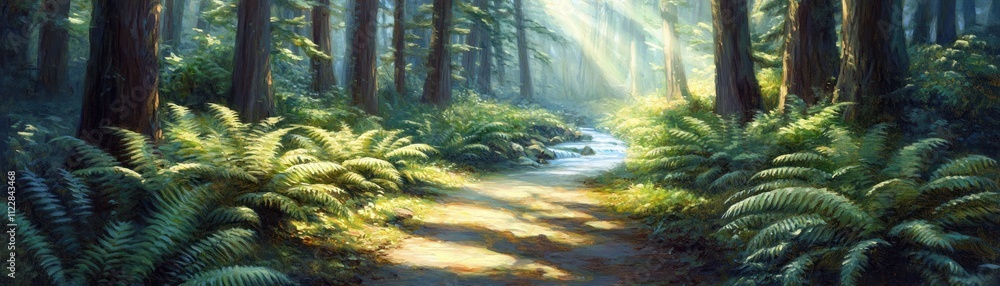 Poster a serene forest scene with sunlight filtering through trees and lush ferns lining a path.