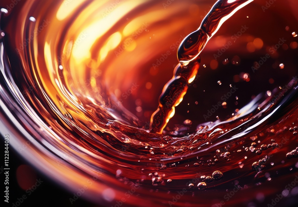 Poster captivating close-up of a vibrant red liquid creating splashes and bubbles in a circular motion agai