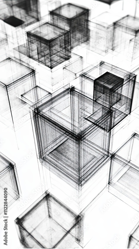 Poster abstract sketch of interlocking cubes in space