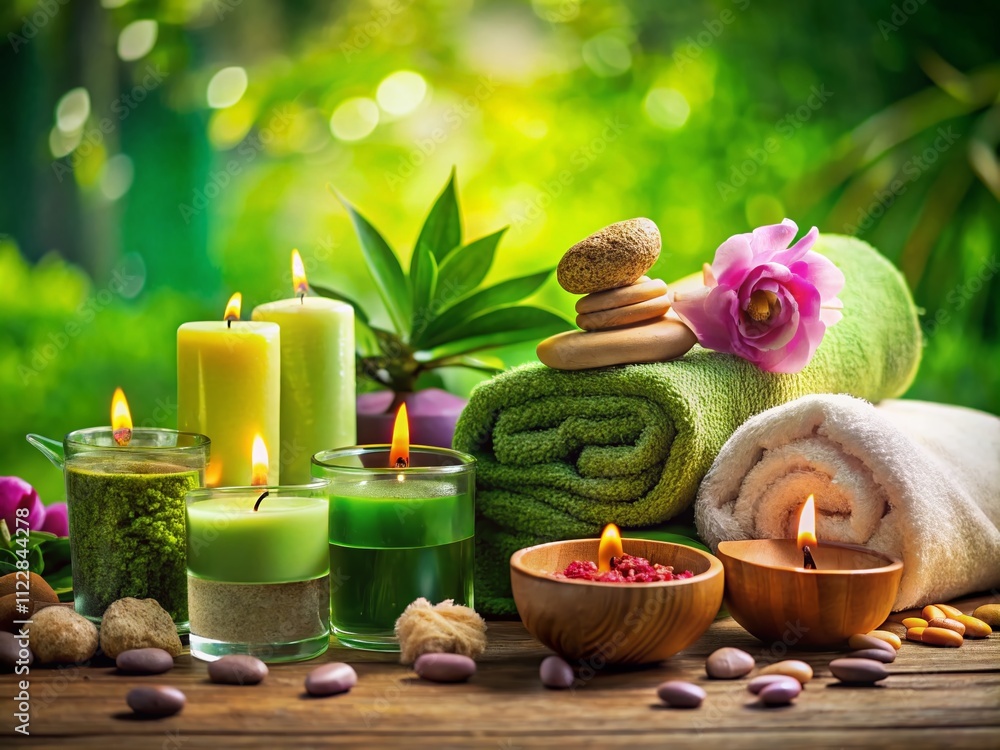 Aufkleber close-up view of spa-themed objects on a serene green background, featuring natural elements for a r