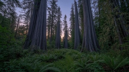 Obraz premium Majestic forest with towering trees and lush greenery at twilight.