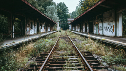 Obraz premium An abandoned train station with crumbling platforms and rusted tracks, overgrown with weeds.