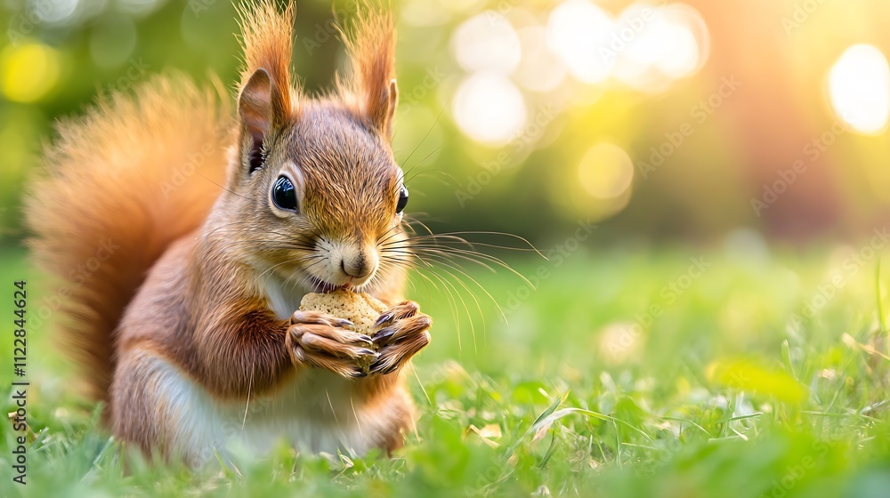 Poster cute squirrel eating nut with blurred forest background and sunlight : generative ai