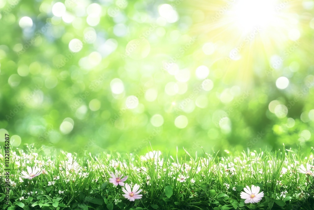 Poster lush green grass and delicate flowers under sunlight with soft bokeh background creating a serene an