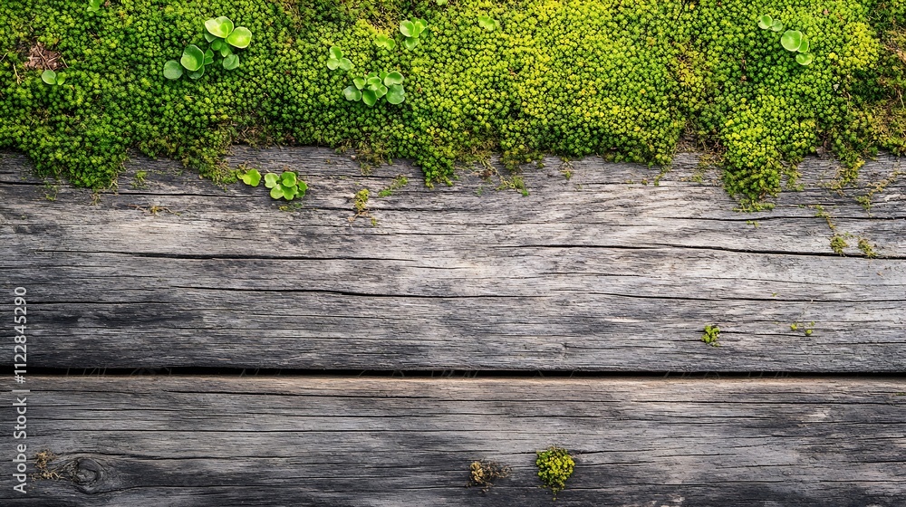 Aufkleber rustic wooden surface adorned with a vibrant green carpet of dense moss and lush clover : generative