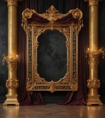 Gold-leafed decorations on a lavish velvet-draped wall , detailed, velvet