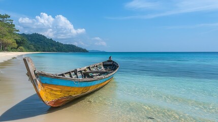 Fototapeta premium Tropical Beach with Old Fishing Boat and Blue Ocean Under Sunny Sky : Generative AI