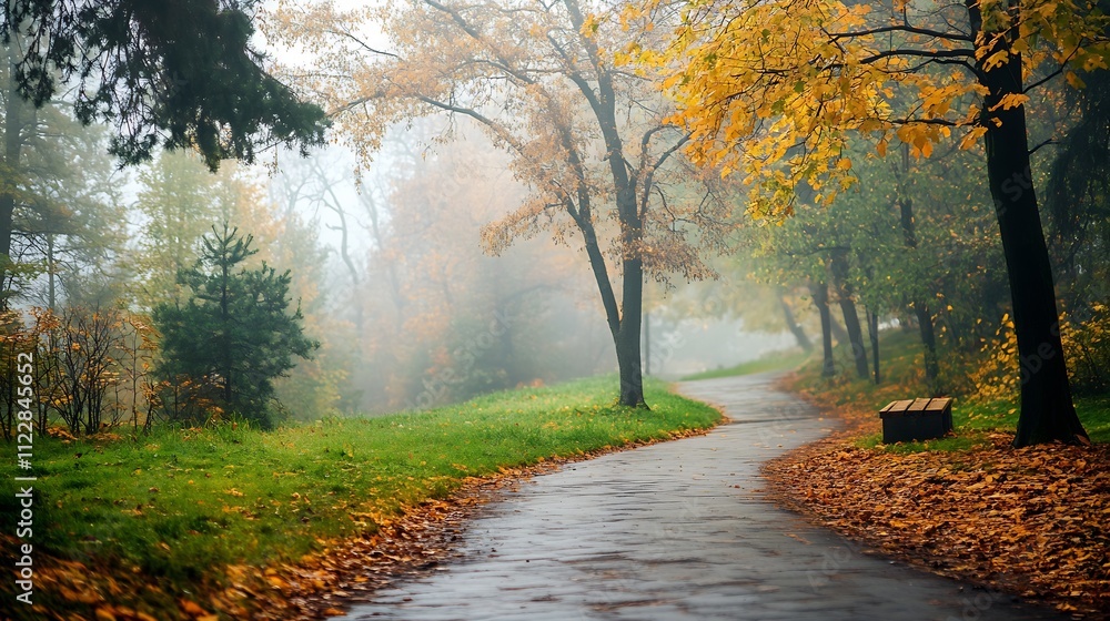 Poster scenic autumn pathway with colorful foliage in a misty park setting for tranquil nature walks : gene