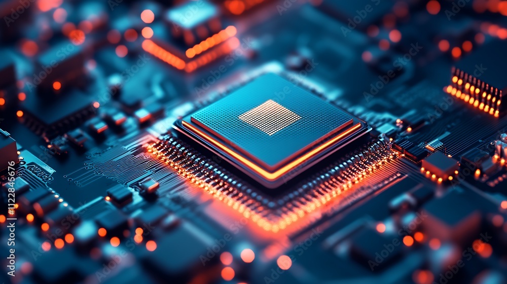 Poster Top View of Advanced Glowing Blue Microchip in HighTech Circuit Board : Generative AI