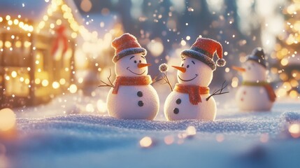 Obraz premium A holiday landscape with snowmen and snowfall, capturing the warmth of winter celebrations