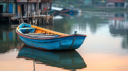 Obraz premium Colorful wooden boat reflected on calm water in peaceful lakeside setting : Generative AI