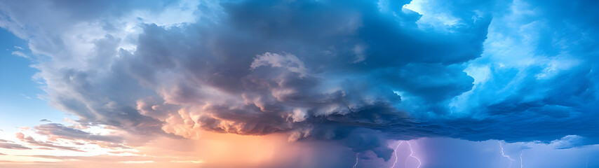 Obraz premium Dramatic sunset sky with storm clouds and lightning.