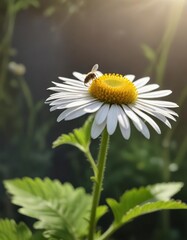Obraz premium Honey bee perched on the edge of a chamomile leaf, surveying its surroundings, insects in still life, botanicals, leafy greens