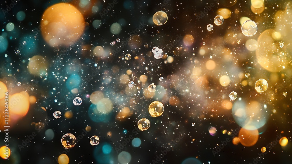 Poster golden bubbles and sparkling bokeh lights in a dark enchanted background : generative ai