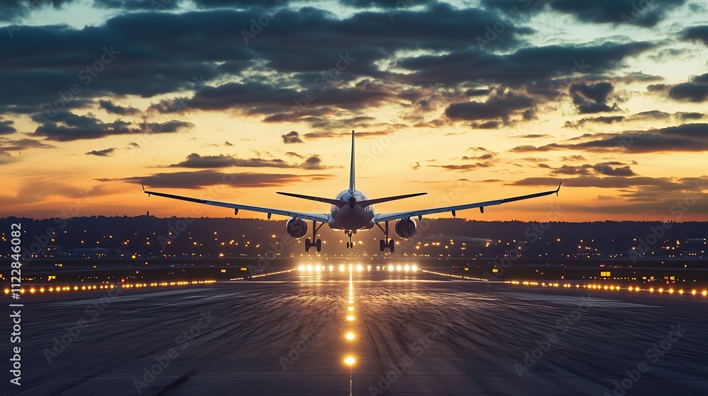 Poster airplane landing on runway at dusk with dramatic sky and city lights in the background : generative 