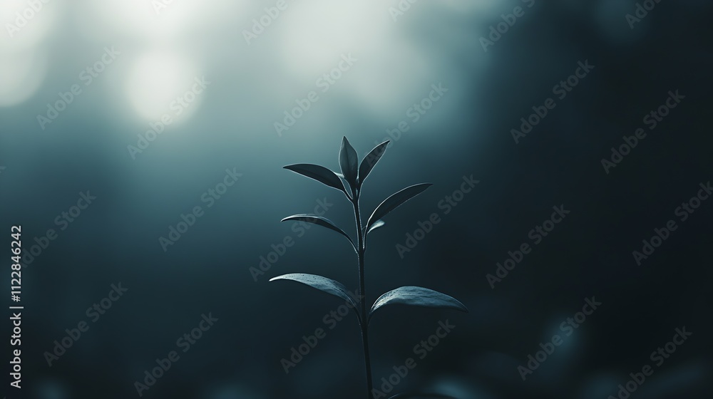 Aufkleber silhouette of plant with soft bokeh in misty mysterious light for mood setting : generative ai