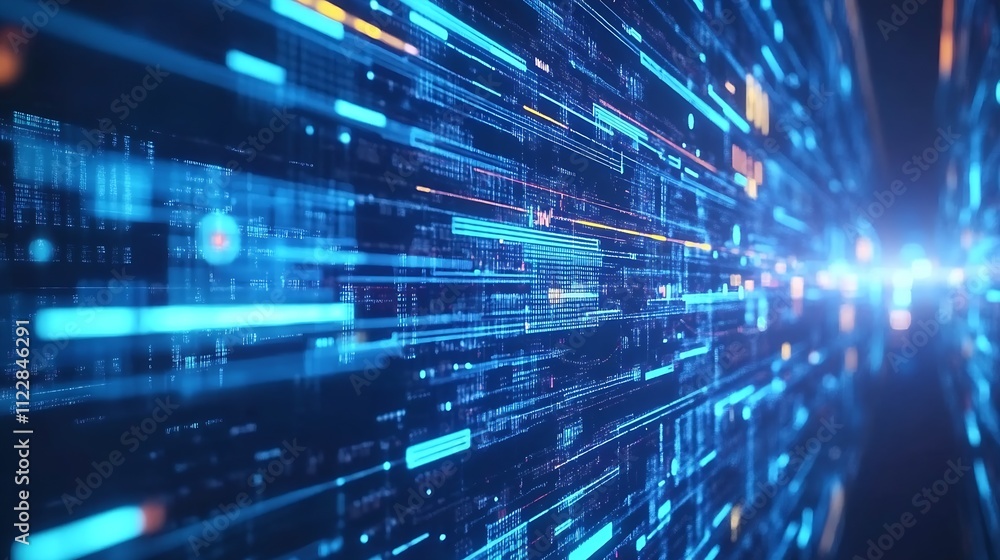 Fototapete futuristic data stream with digital blue light streaks in a highspeed technology tunnel : generative