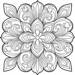 Intricate Ornate Floral Mandala Design, Black and White Coloring Page