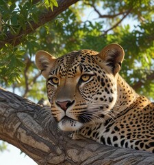Obraz premium Leopard's head resting on a leafy branch of the marula tree, forest, leaf
