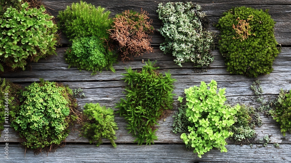 Poster Assorted moss varieties arranged on rustic wooden surface displaying lush green textures : Generative AI