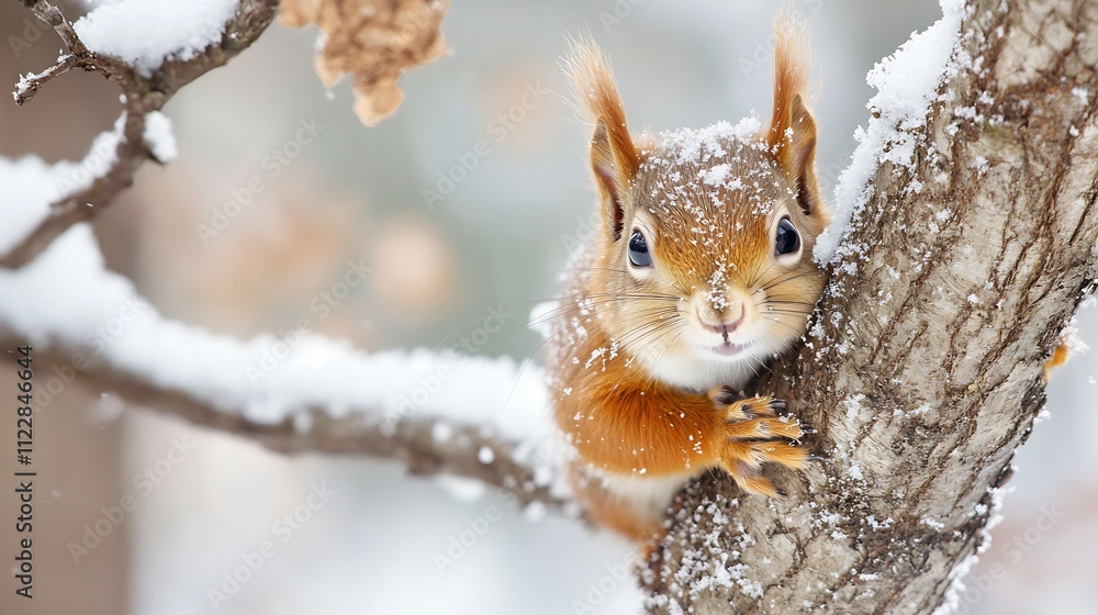 Poster playful squirrel perched on snowy branch in winter wonderland : generative ai