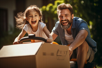 Father and daughter enjoy a playful afternoon in a garden with a homemade car made from a cardboard box. 