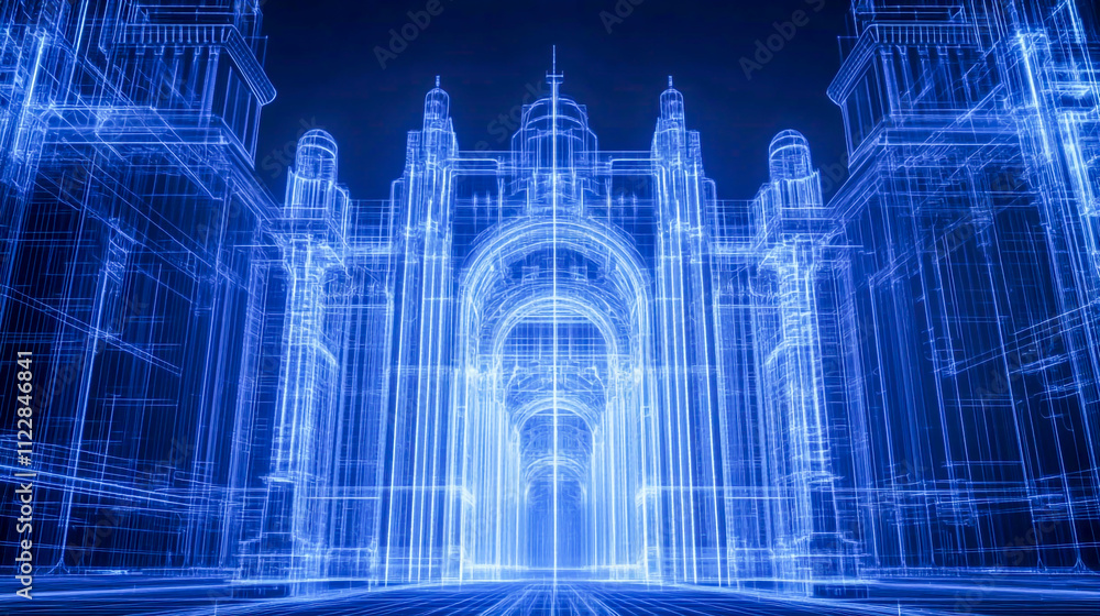 Poster futuristic castle architecture with a glowing wireframe design and intricate structural details