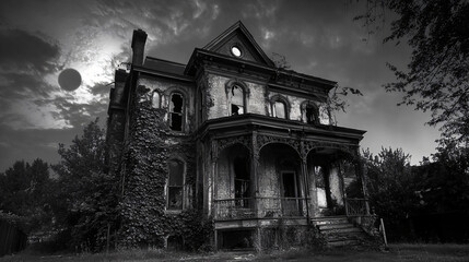 Fototapeta premium An abandoned Victorian house with shattered windows, its facade overtaken by ivy and shadows cast by creaking branches in the pale moonlight.