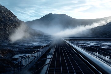 Misty mountains capped with snow, a train chugs across a bridge, disappearing into the clouds