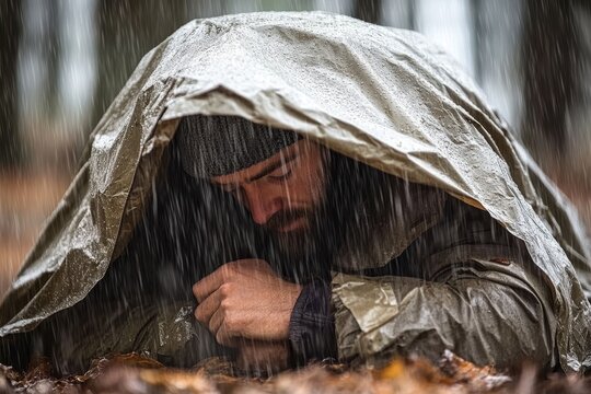Man Seeking Shelter from Heavy Rain Under Tarp in Forest, Demonstrating Survival Skills and Resilience in Nature During Adverse Weather Conditions