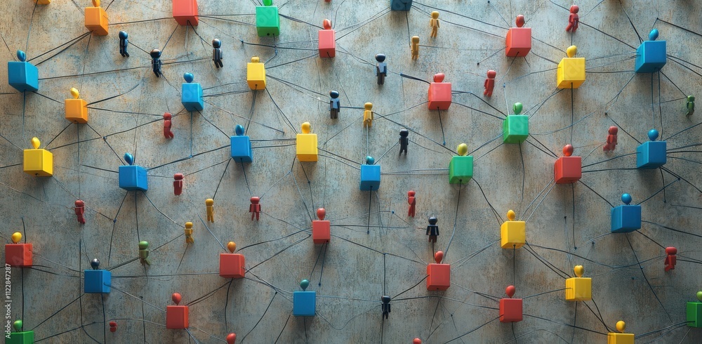Poster colorful abstract representation of interconnected people with geometric shapes and lines illustrati