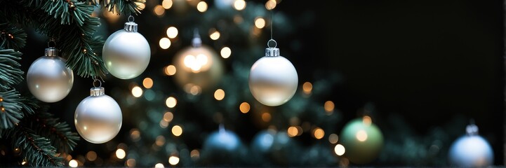 Fototapeta premium A Christmas tree decorated with dangling white balls on a black background, flickering light reflected from the glossy surface. A banner with space for text.