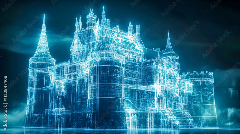 Poster futuristic castle architecture with a glowing wireframe design and intricate structural details